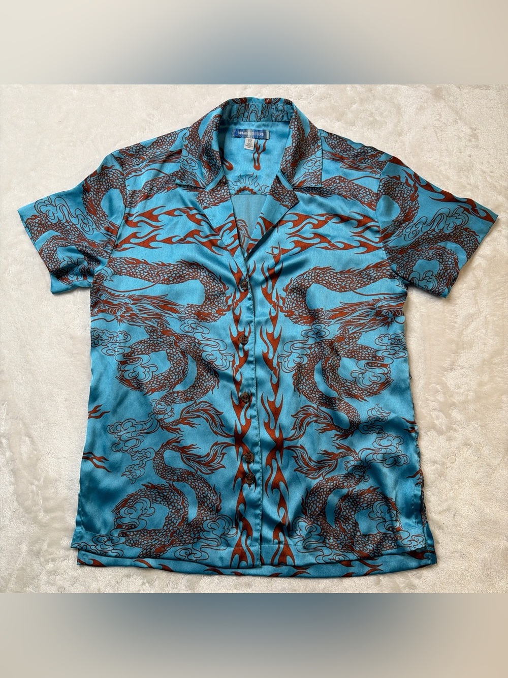 Urban outfitters Silk-Feel Dragon Print Camp Shirt - Blue/red, Asian inspired XS